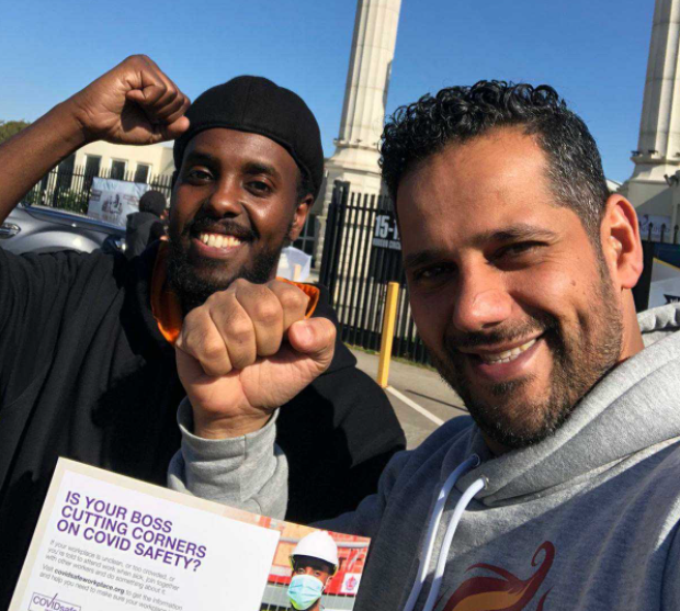 Awale and Hassan organising workers around Covid safety at Kensington Mosque